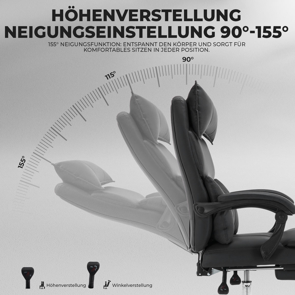 ERGONOMISCHER Bürostuhl in Schwarz 48x65x120 cm mit Fußstütze und verstellbarer Lendenstütze - Schwarz, Textil (65/120/48cm) - IVMEU