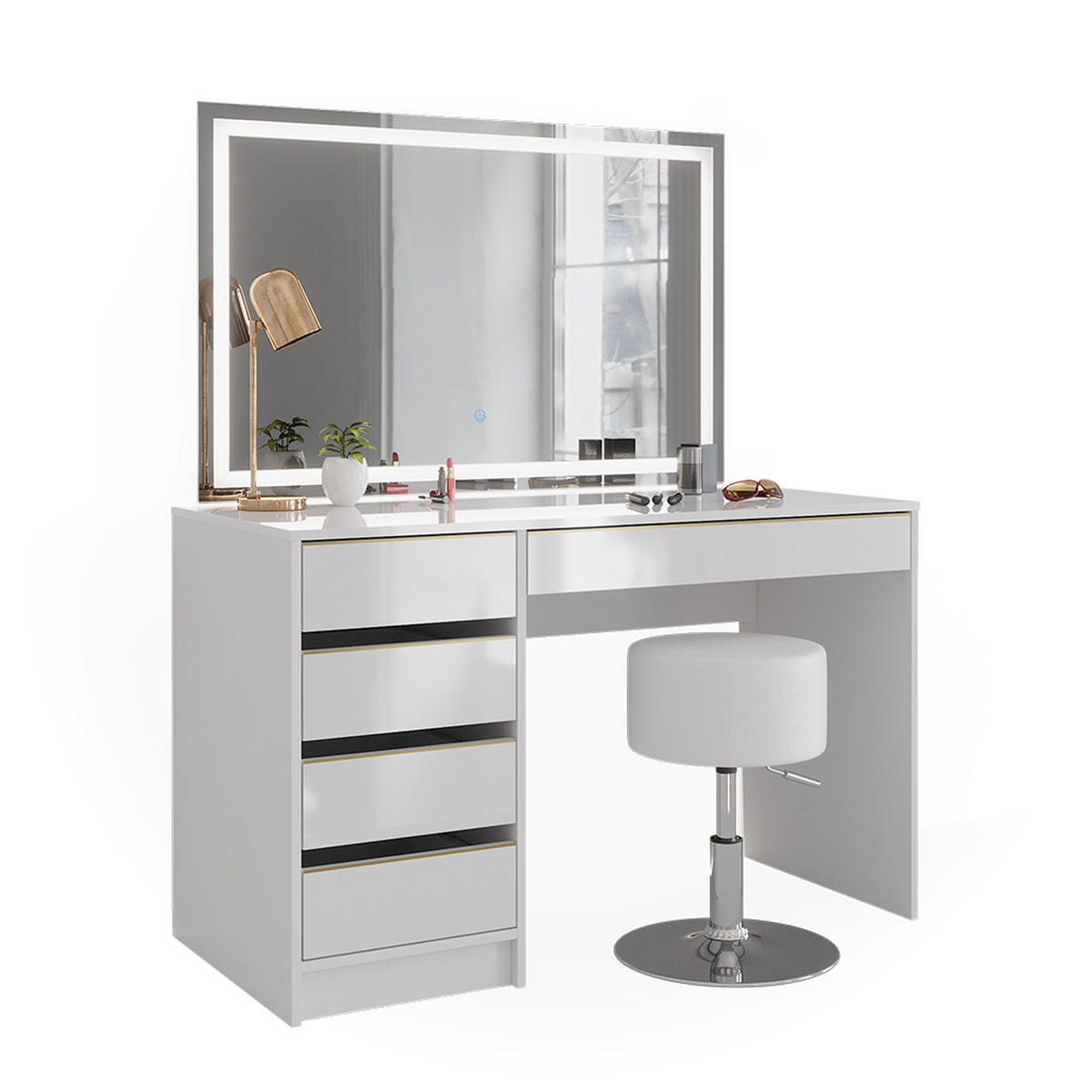 SCHMINKTISCH Sherry Weiß/Gold 120 cm mit LED-Spiegel und Hocker - Goldfarben/Weiß, Holzwerkstoff (120/75/55cm) - Vicco