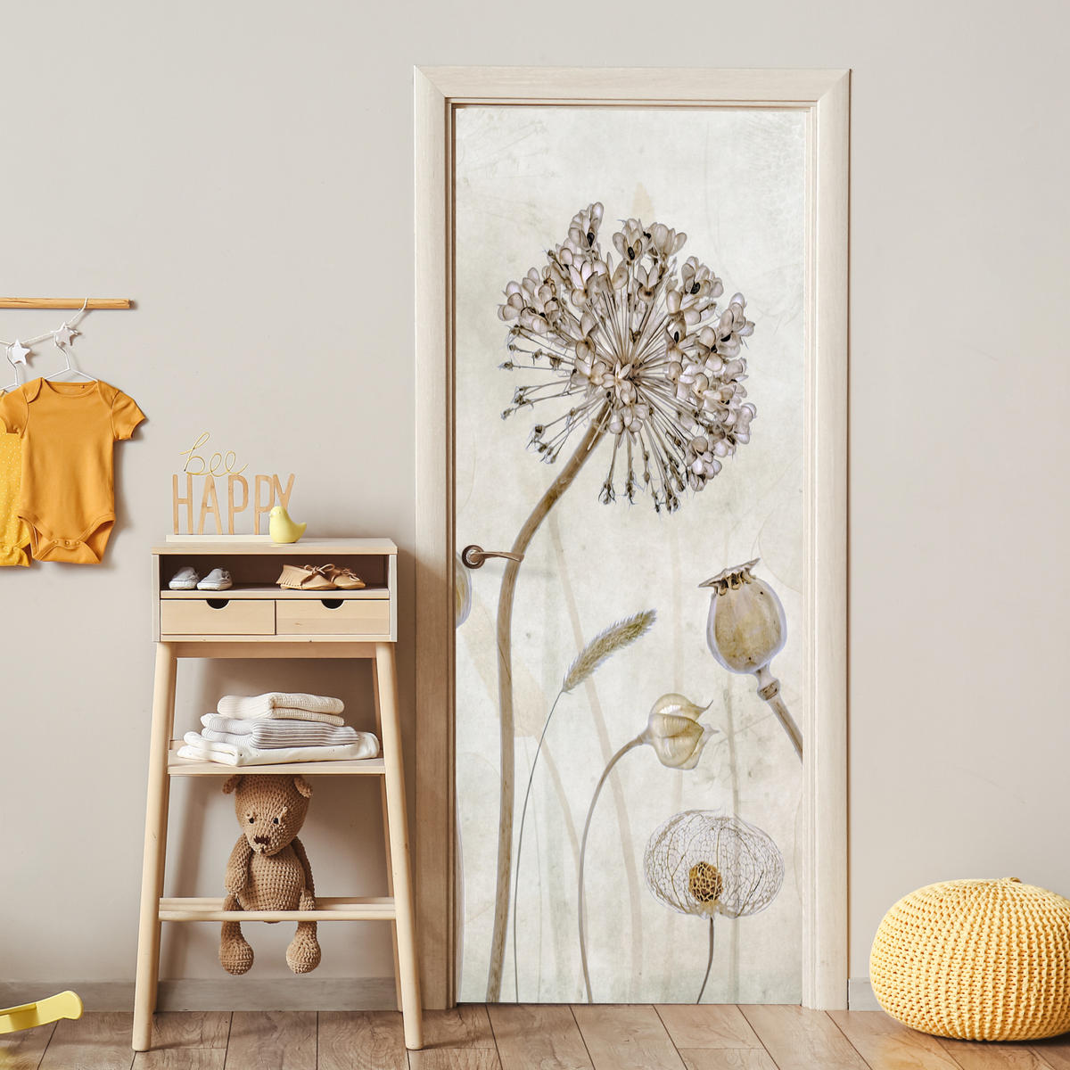 NÁLEPKA NA DVERE Kvety - Akvarel - Zátišie - Hnedá - Vintage 80x215 cm - écru, plast (80/0.1cm) - MuchoWow