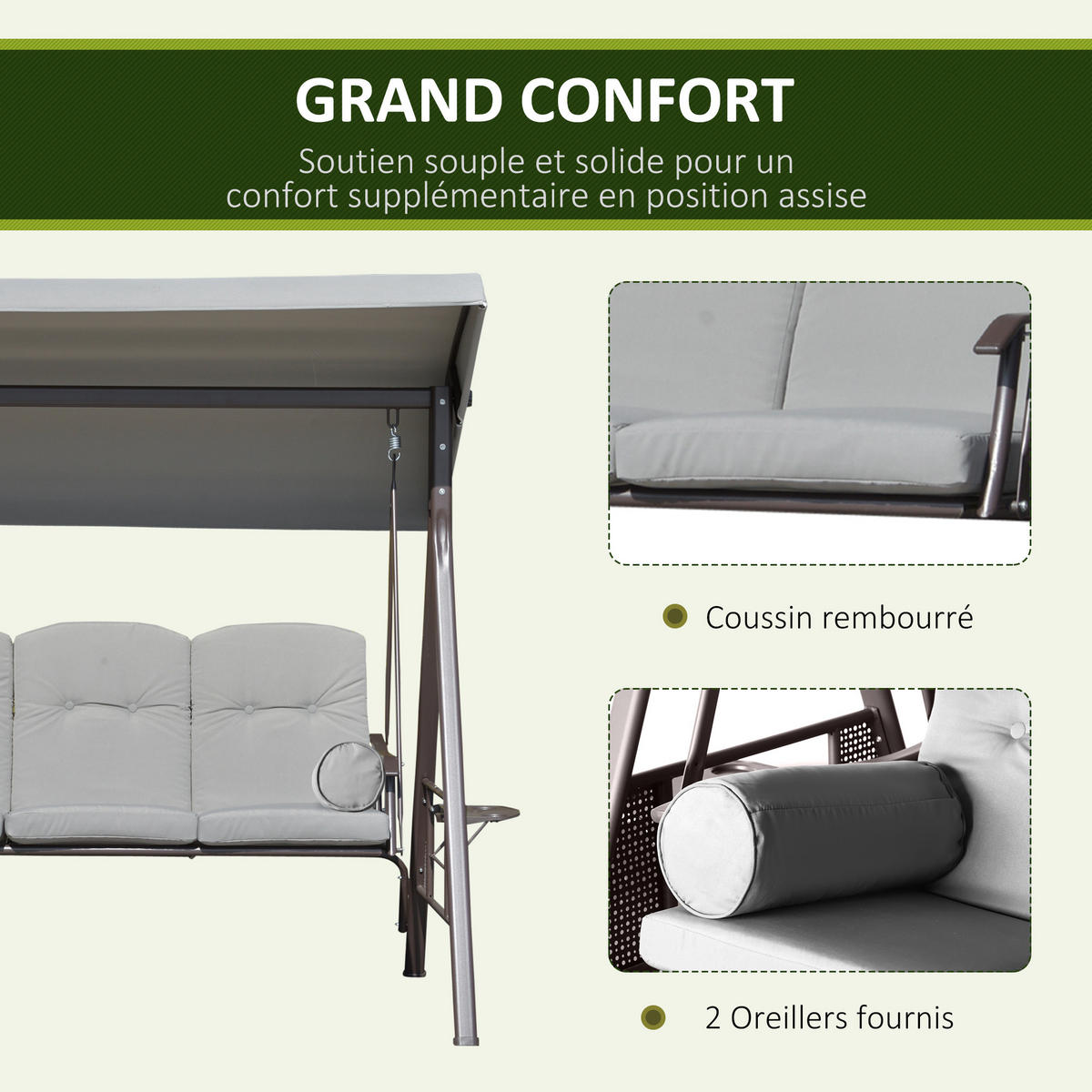 HOLLYWOODSCHAUKEL DE-15278 3-Sitzer mit verstellbarem Dach Hellgrau - Hellgrau, Metall (116/183/206cm) - ComfortXL