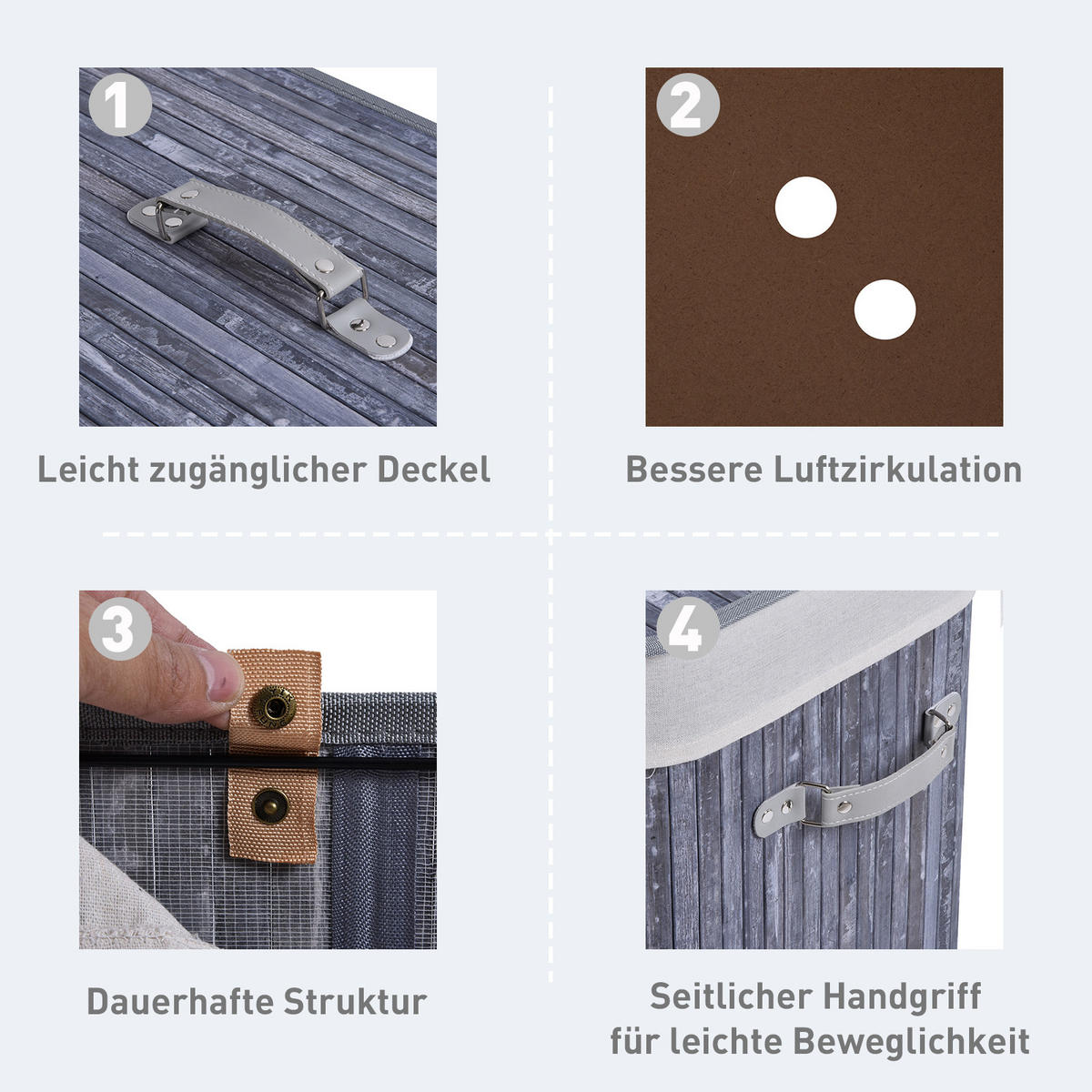WÄSCHEKORB, Bambus, Segeltuch, PU, Grau - Grau, Naturmaterialien (32/63/52cm) - HOMCOM