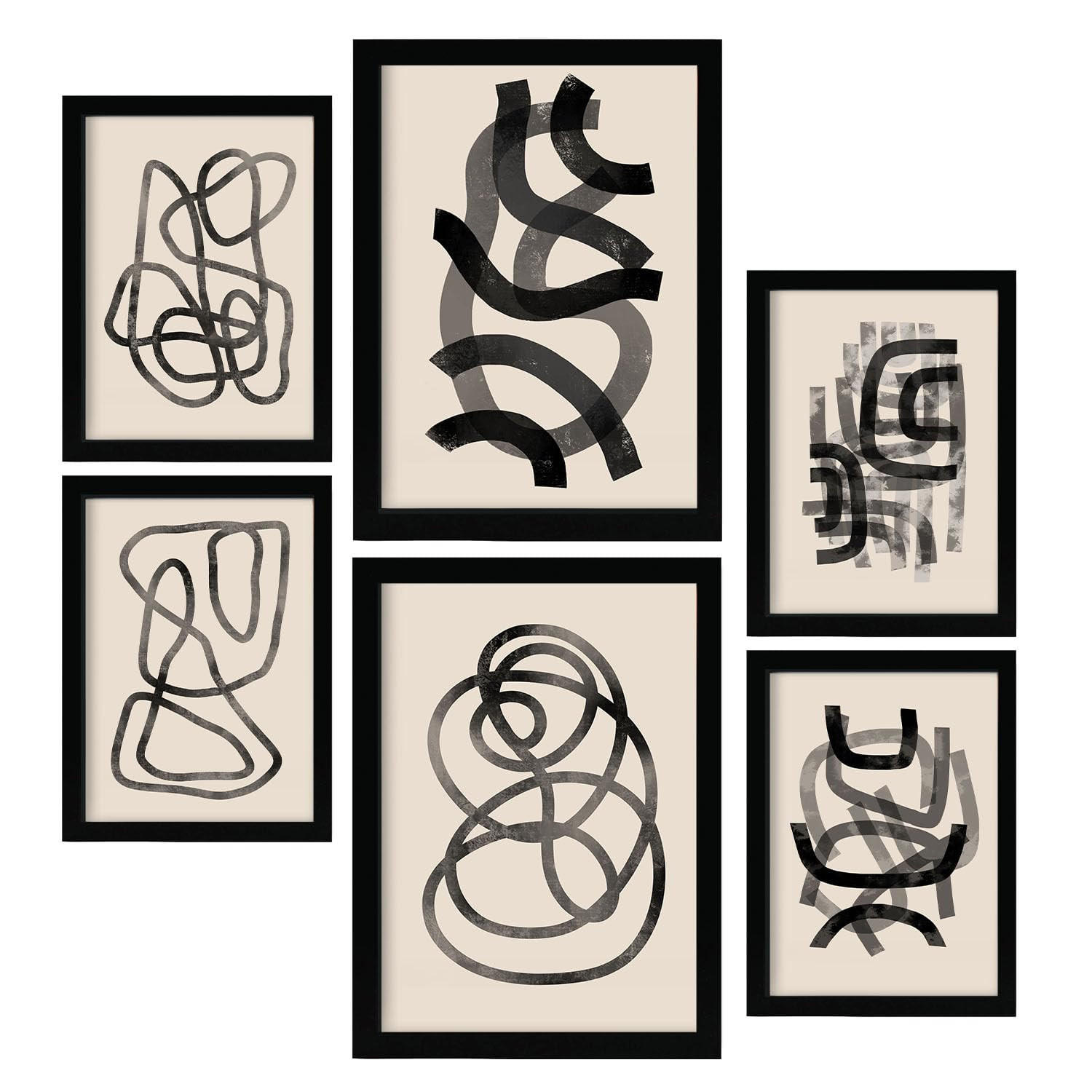 POSTER Set Mit 6 Zusammenfassungen In Form Ästhetische Dekorative Gemälde Für Ihr Wohnzimmer, Schlafzimmer Oder Zuhause A3 & A4 Schwarzer Rahmen - Schwarz, Papier (29/3cm) - Nacnic