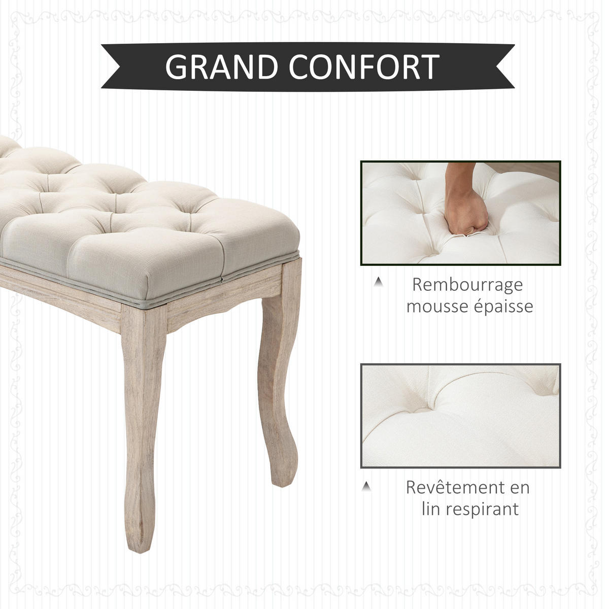 HOCKERBANK DE-12785 Knopfheftung, Leinenbezug Beige - Beige, Holzwerkstoff (38/49/110cm) - ComfortXL