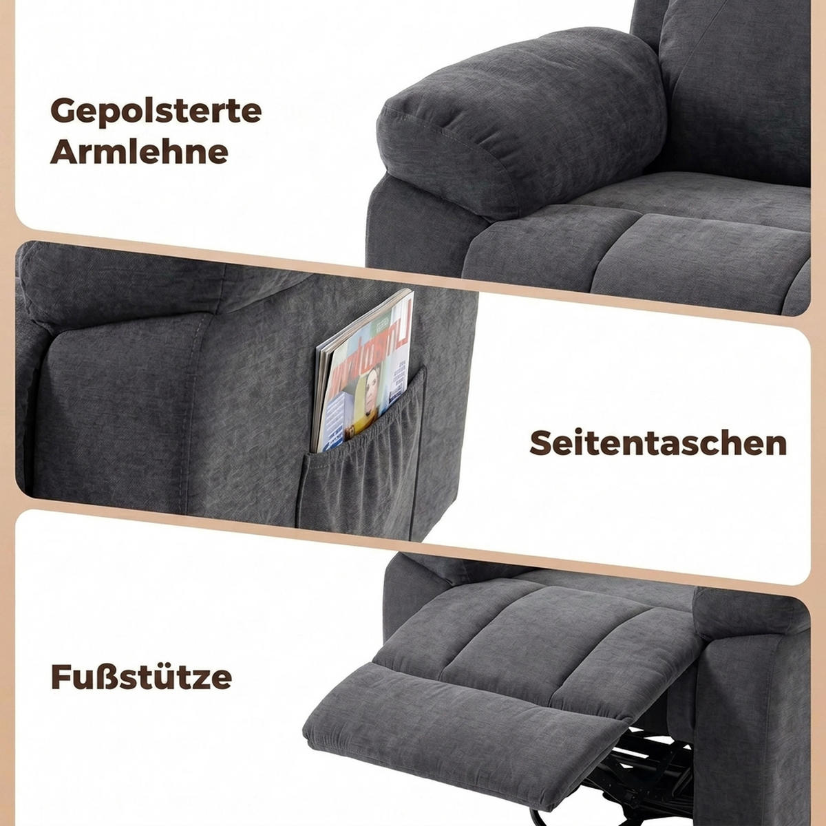 RELAXSESSEL Chenille Dunkelgrau - Dunkelgrau/Schwarz, Holzwerkstoff/Textil (97/104/97cm) - HOMCOM