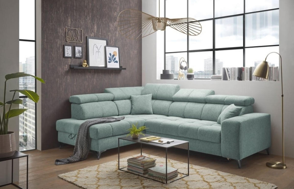 ECKSOFA mit Schlaffunktion und Bettkasten, Luxus-Mikrofaser - Blau/Schwarz, Textil/Metall (282/198cm) - ed exciting design