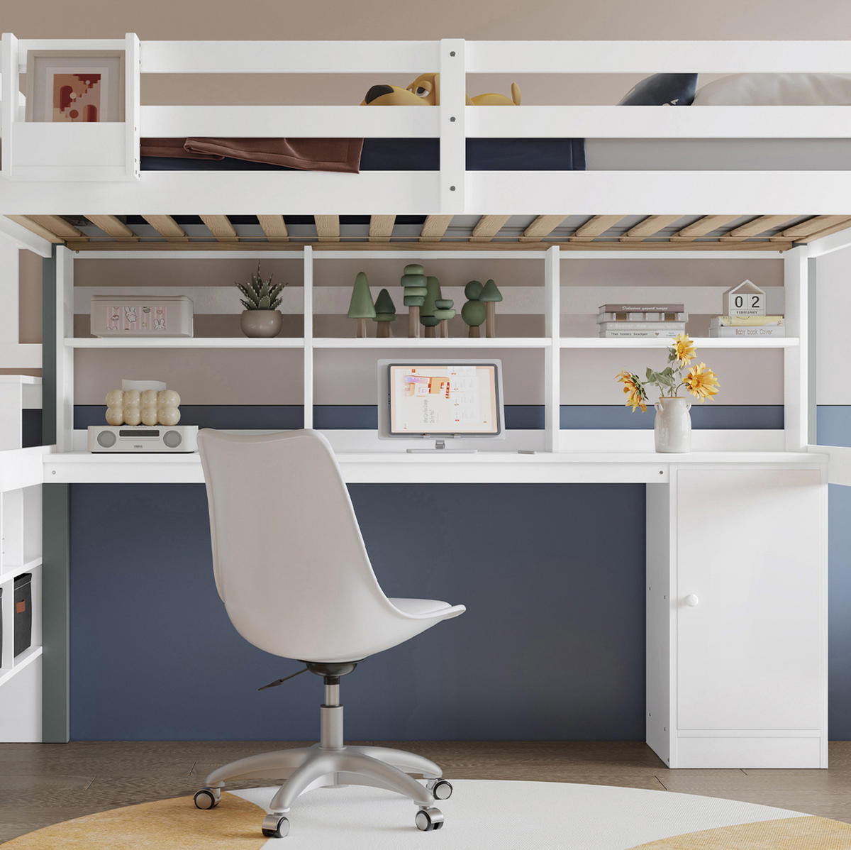 HOCHBETT 90/200 cm Weiß/Grau aus Massivholz und MDF mit Schreibtisch und Stauraum - Weiß, Holz (90/200cm) - OKMYHOME