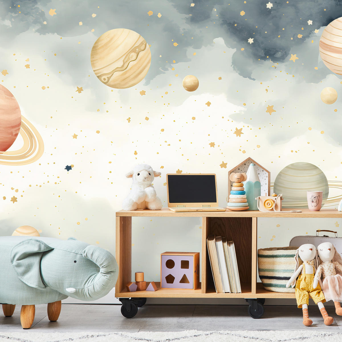 FOTOTAPETE für Kinderzimmer Pastell Planeten Saturn Uran Sterne 150x105 - Blau/Ecru, Papier (150/105cm) - Muralo