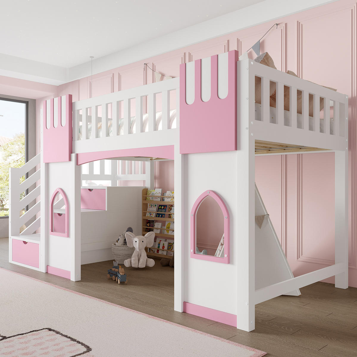 HOCHBETT 90/200 cm in Weiß & Rosa mit Stauraumtreppe und Fenstern aus Holz im verspielten Design - Rosa, Holzwerkstoff (90/200cm) - STILVORA