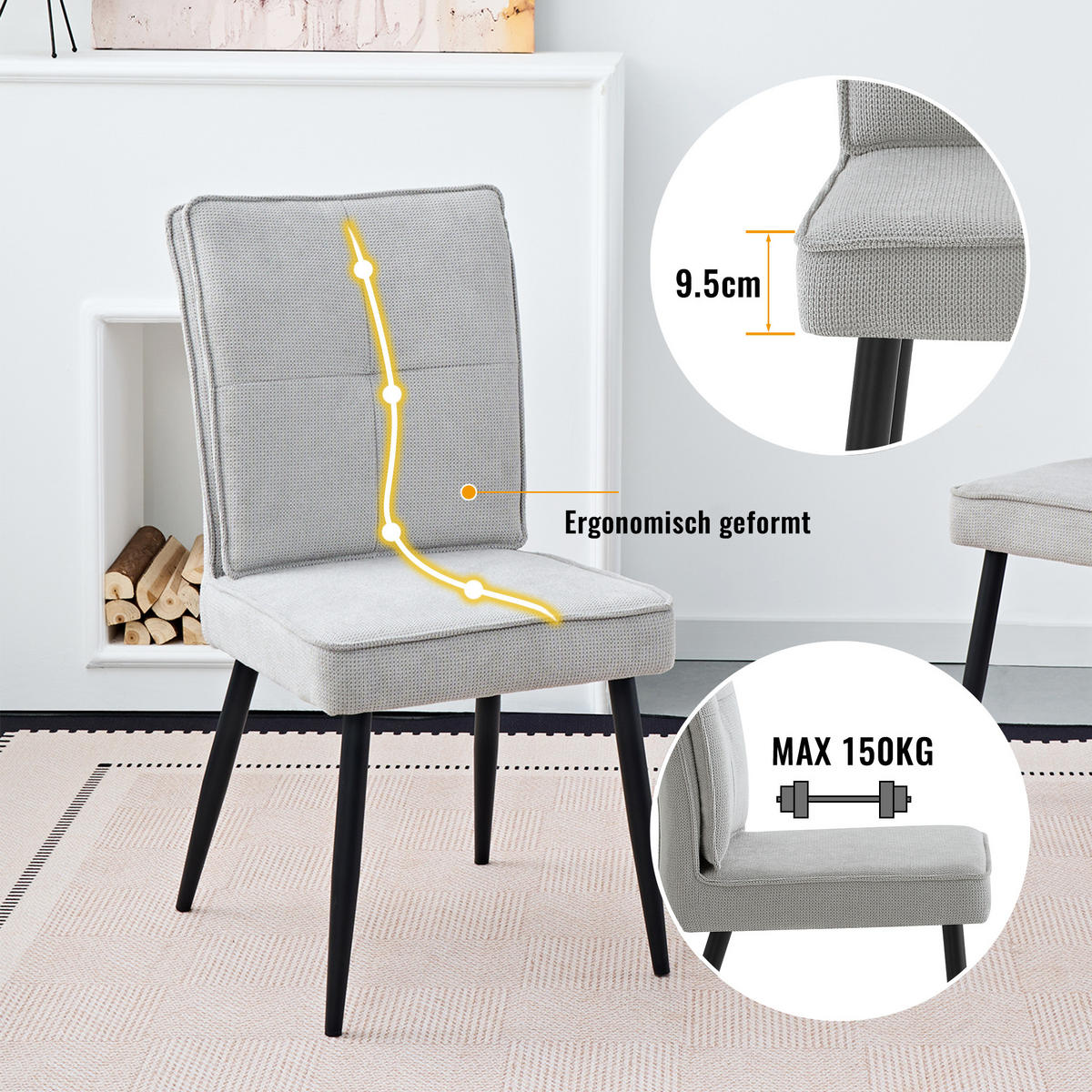 STUHL gepolstert mit Samtbezug Grau 41x44x90.5 cm Metall 2er-Set - Grau, Metall (41/90.5/44cm) - SONNENH
