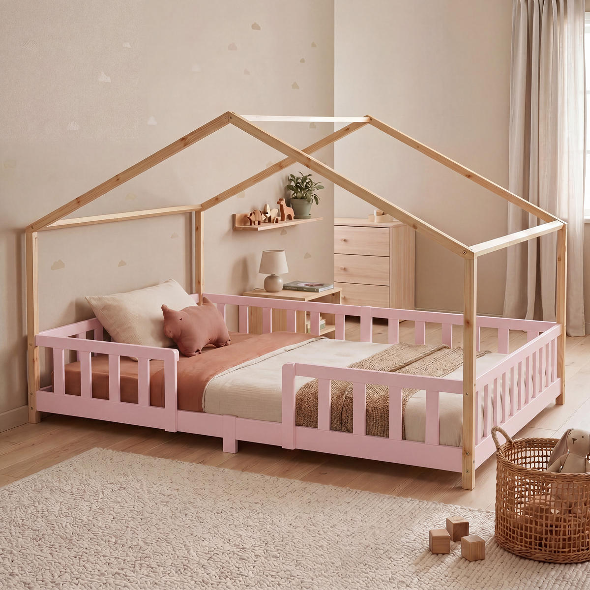 HAUSBETT Treviolo - Pink/Naturfarben, Holz (120/200cm) - [en.casa]