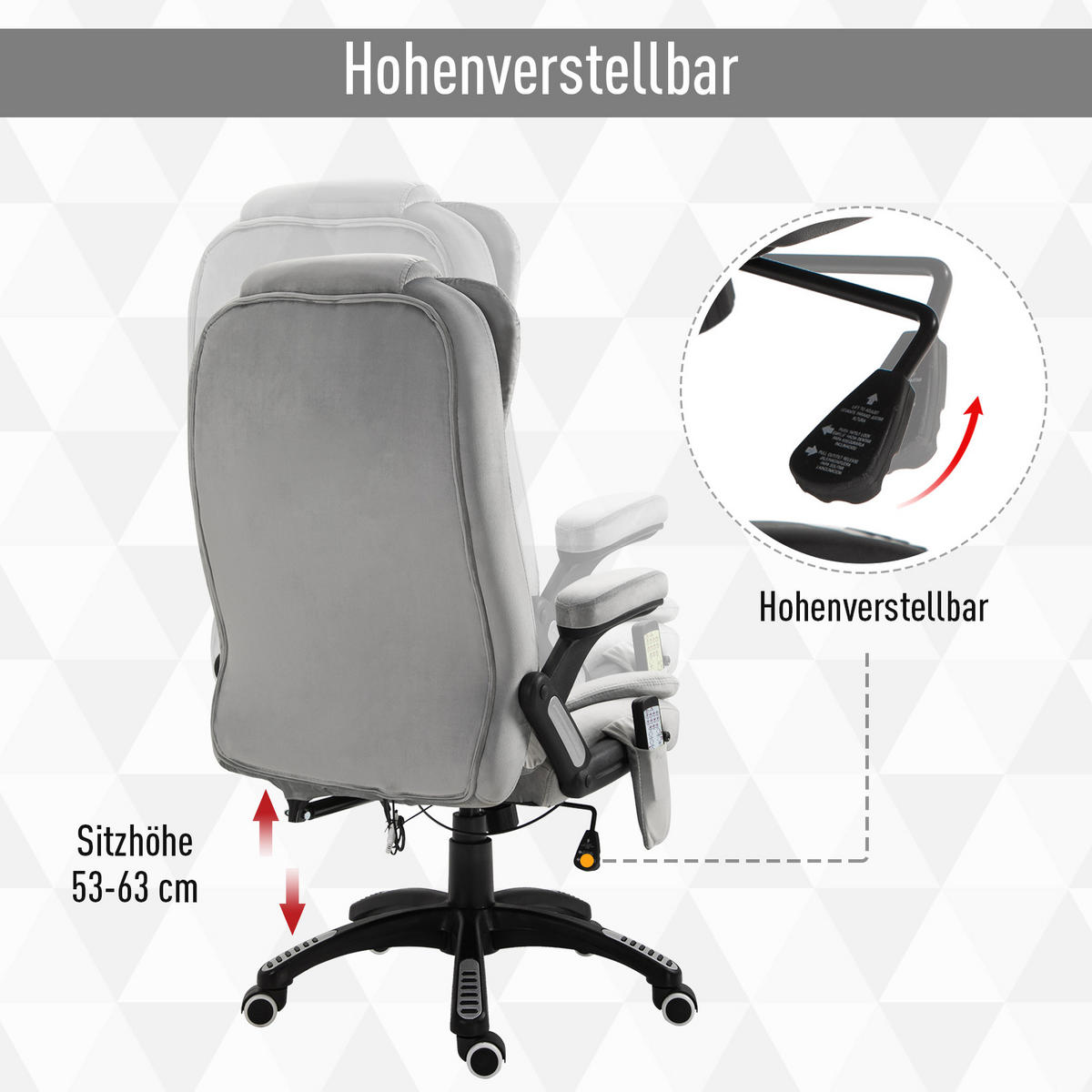 DREHSTUHL DE-06387 Mit Massagefunktion, 6 Massagepunkte, Heizfunktion, 130° neigbar Grau - Grau, Textil/Metall (74/120/67cm) - ComfortXL