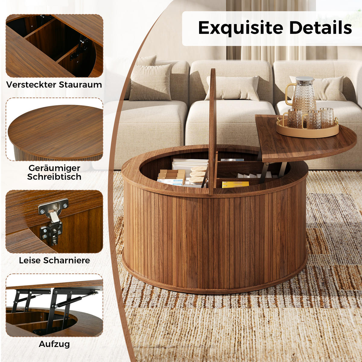 COUCHTISCH rund, MDF, höhenverstellbar mit Stauraum - Walnussfarben, Holzwerkstoff (88/88/53.5cm) - FLIEKS