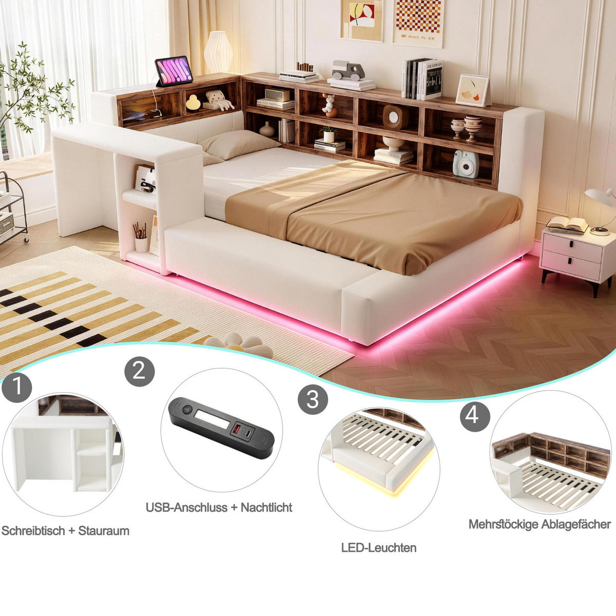 POLSTERBETT 90/200 cm in Beige mit Staufächern, LED, Steckdosen und Beistelltisch aus Samt, gepolstertem Kopfteil - Beige, Holzwerkstoff/Textil (90/200cm) - STILVORA