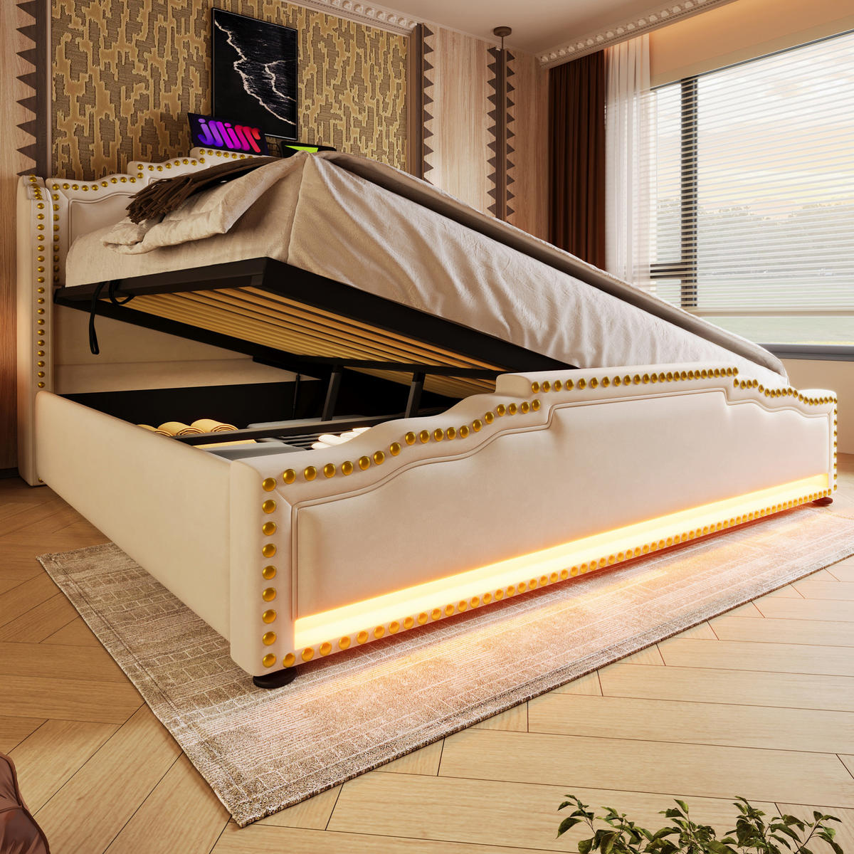 POLNJENA postelja iz žameta 140x200 cm bež z LED osvetlitvijo, USB-C priključkom, hidravličnim prostorom in vzmetnico - bež, tekstil (140/200cm) - Modfu