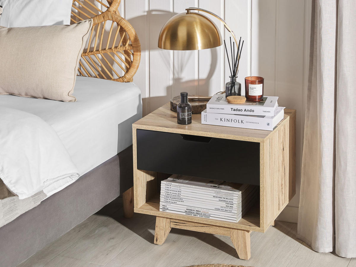 NACHTTISCH heller Holzfarbton/schwarz Spencer - Hellbraun/Schwarz, Holzwerkstoff (50/46/40cm) - Beliani