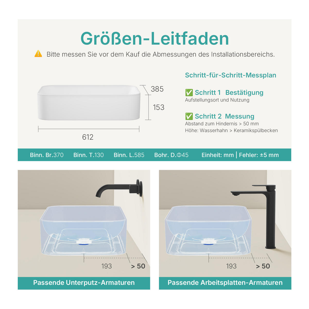 WASCHBECKEN Hochwertiges Keramik Weiß Matt 61 / 38 / 15 cm - Weiß, Keramik (38/15/61cm) - EMKE