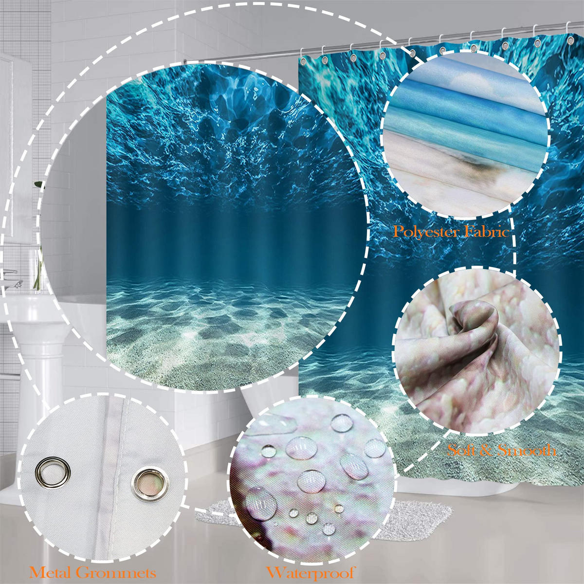 DUSCHVORHANG Polyester 3D 180 cm wasserdicht mit Haken für Badezimmer und Dusche - Blau, Textil (180/180cm) - MCBOSON