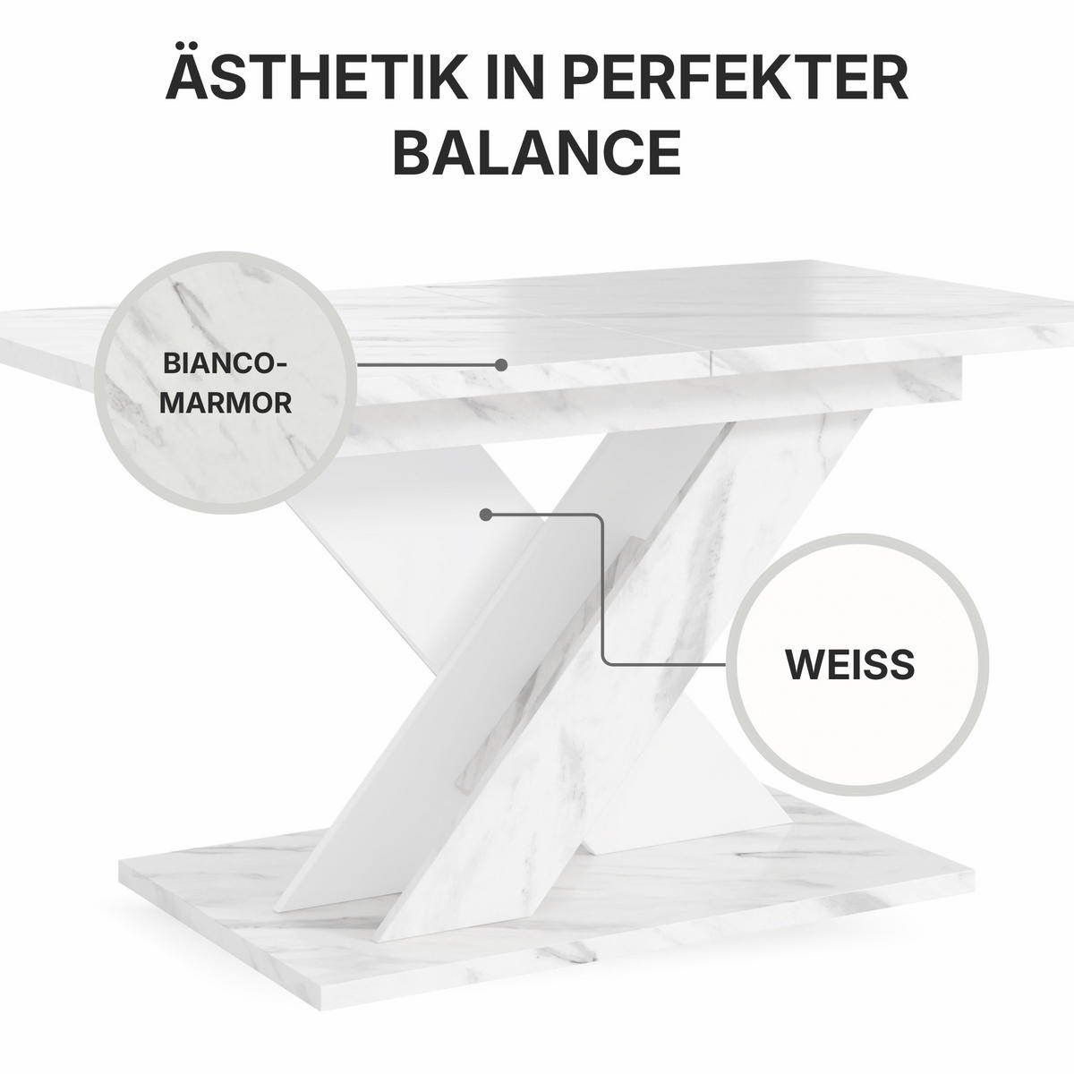 ESSTISCH Ausziehbar von 140 bis 180 cm in Weißen Marmor-Optik - Weiß Hochglanz, Holzwerkstoff (80/180/75cm) - Home Collective