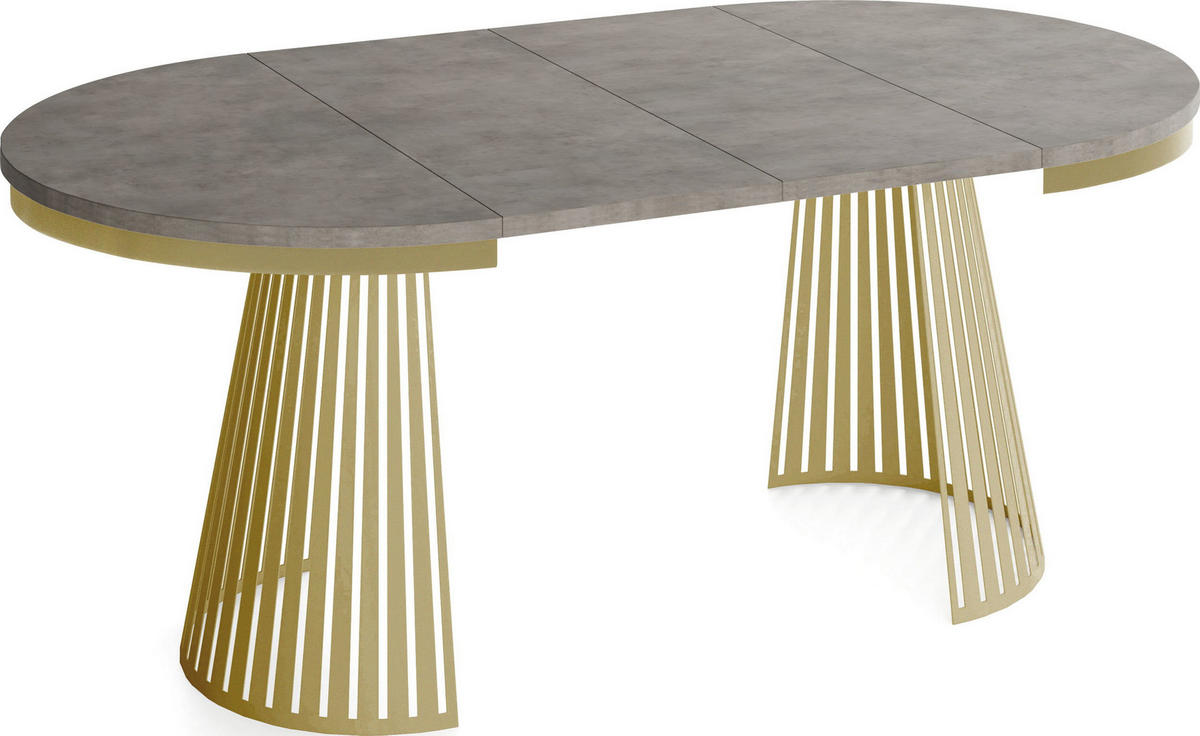 ESSTISCH Naro rund ausziehbar mit Goldem Lamellen-Metallgestell, Beton-Optik Dunkelgrau 120-200/120/76 cm - Dunkelgrau/Goldfarben, Holzwerkstoff/Metall (100/200/76cm) - WFL GROUP