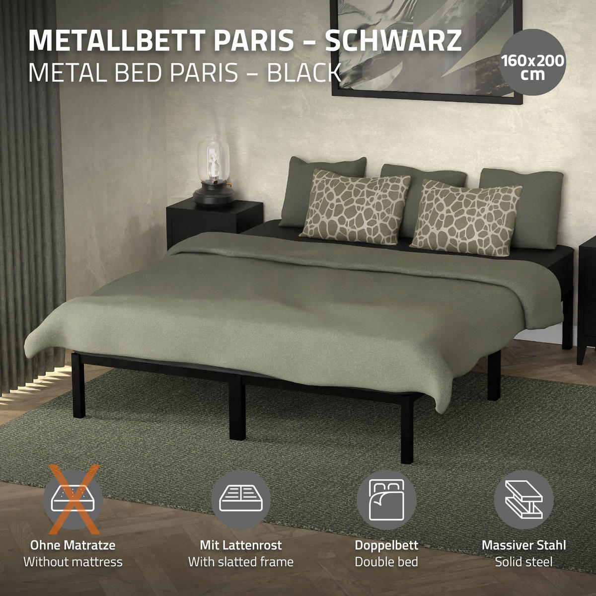 METALLBETT 200/160 cm - Schwarz, Metall (160/200cm) - ML-DESIGN