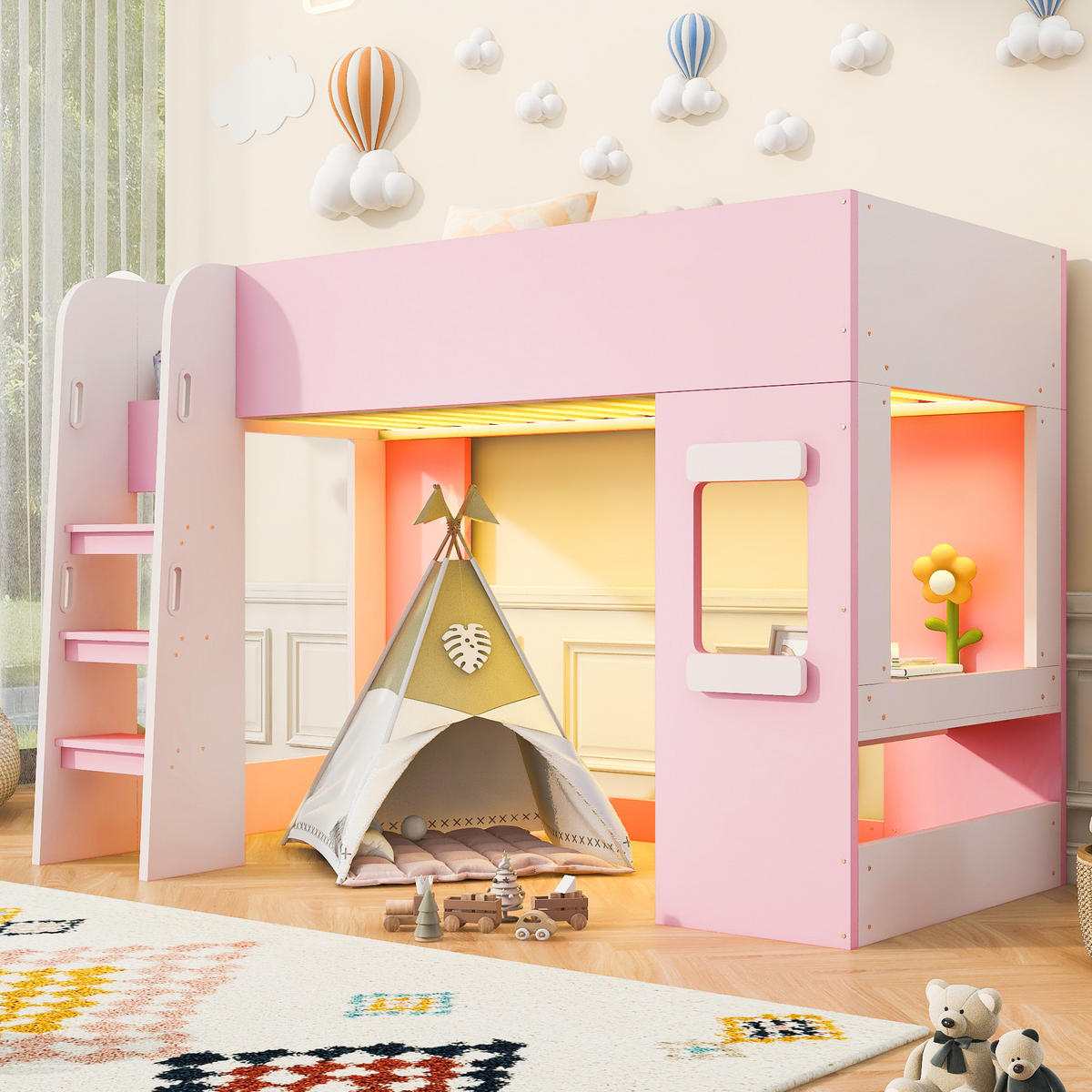 HOCHBETT 90/200 cm mit Lichtleiste und Schreibtisch, DE-41600, in Rosa - Pink, Holzwerkstoff (90/200cm) - ComfortXL
