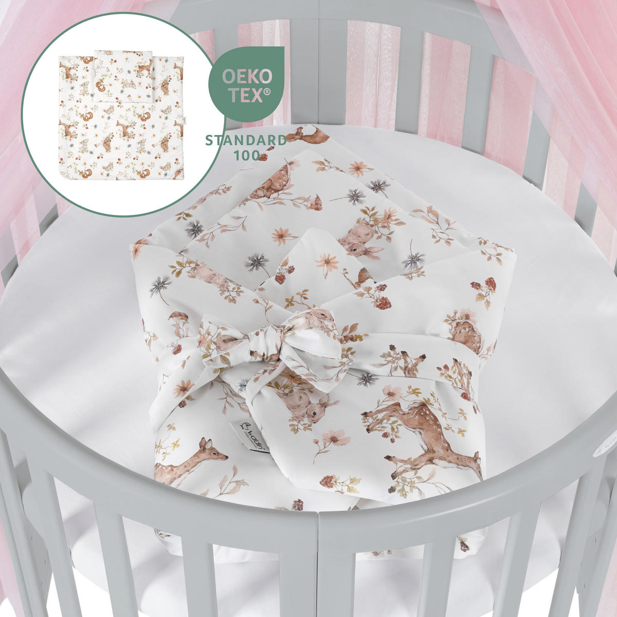 BABYBETT GREY OVAL 7in1 mit Matratze und Himmelset - Rosa/Grau, Holz/Textil