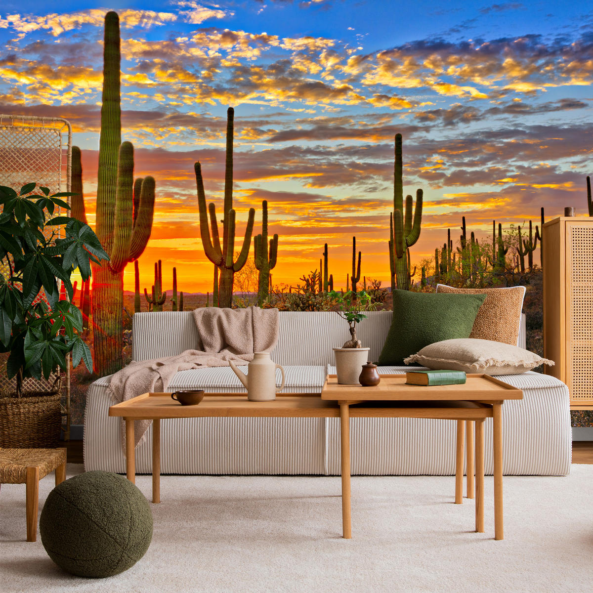 FOTOTAPETE für Wohnzimmer Wüsten Sonnenuntergang Kaktus Pflanzen 250x175 - Gelb/Beige, Papier (250/175cm) - Muralo