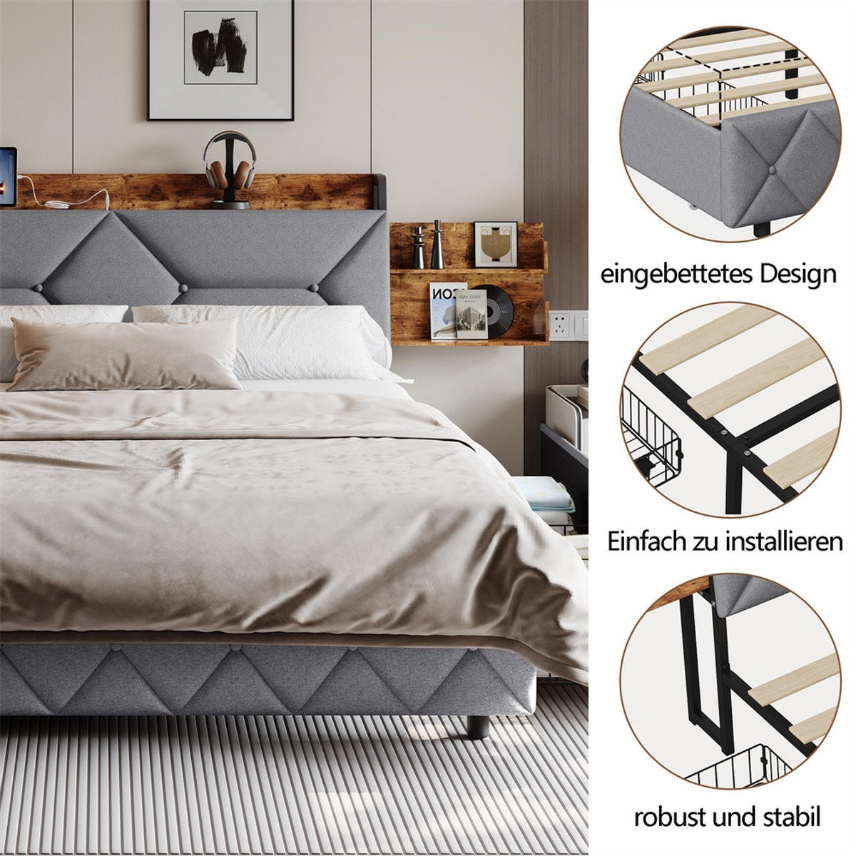 POLSTERBETT 160x200 cm mit ergonomischem Kopfteil und 4 Schubladen - ohne Matratze - Grau - Grau, Textil (160/200cm) - DELFA