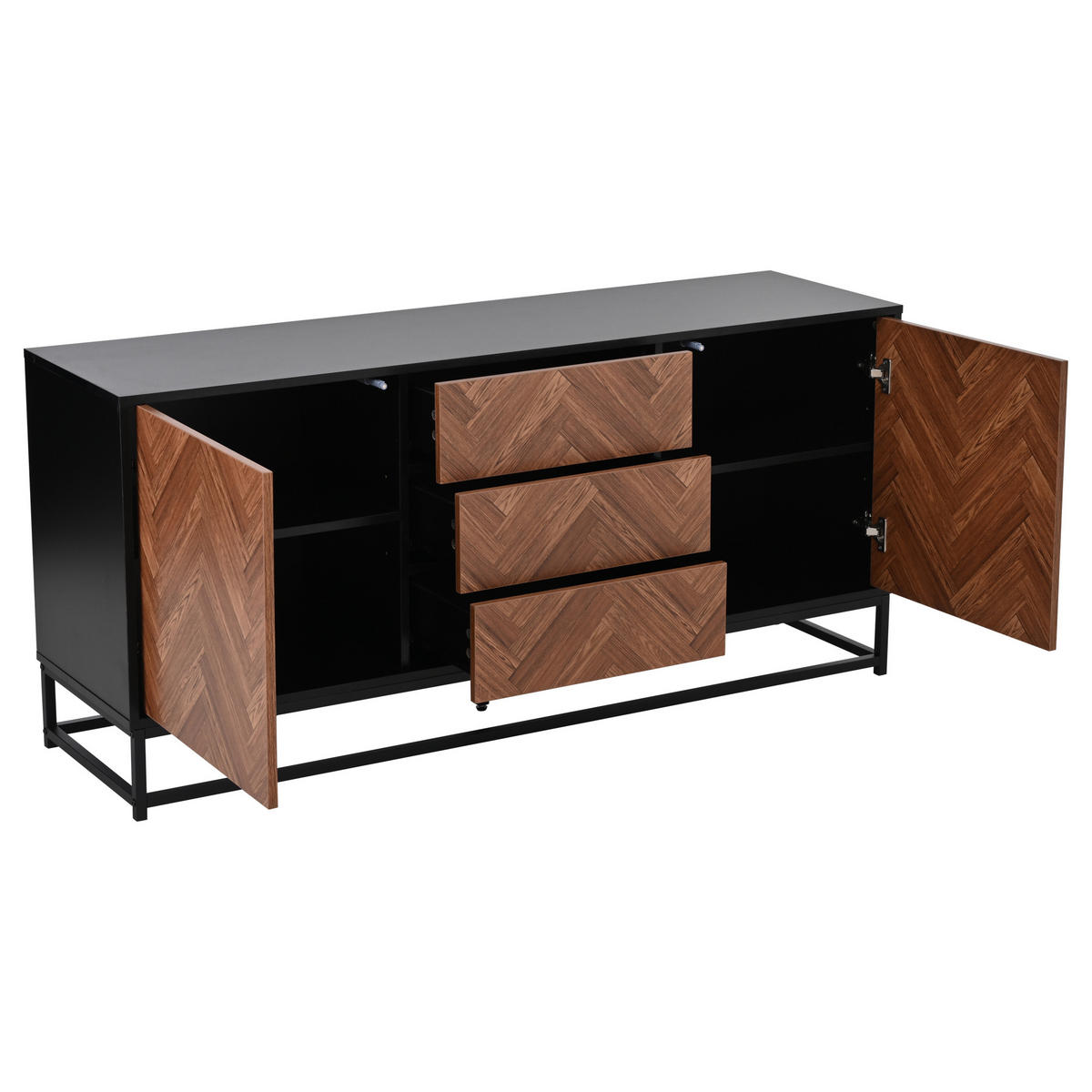 SIDEBOARD aus Spanplatte und Metall 145x40x67 cm Eichefarben-Schwarz mit 3 Schubladen, 2 Türen und verstellbaren Einlegeböden - Schwarz, Metall (145/67/40cm) - Modfu