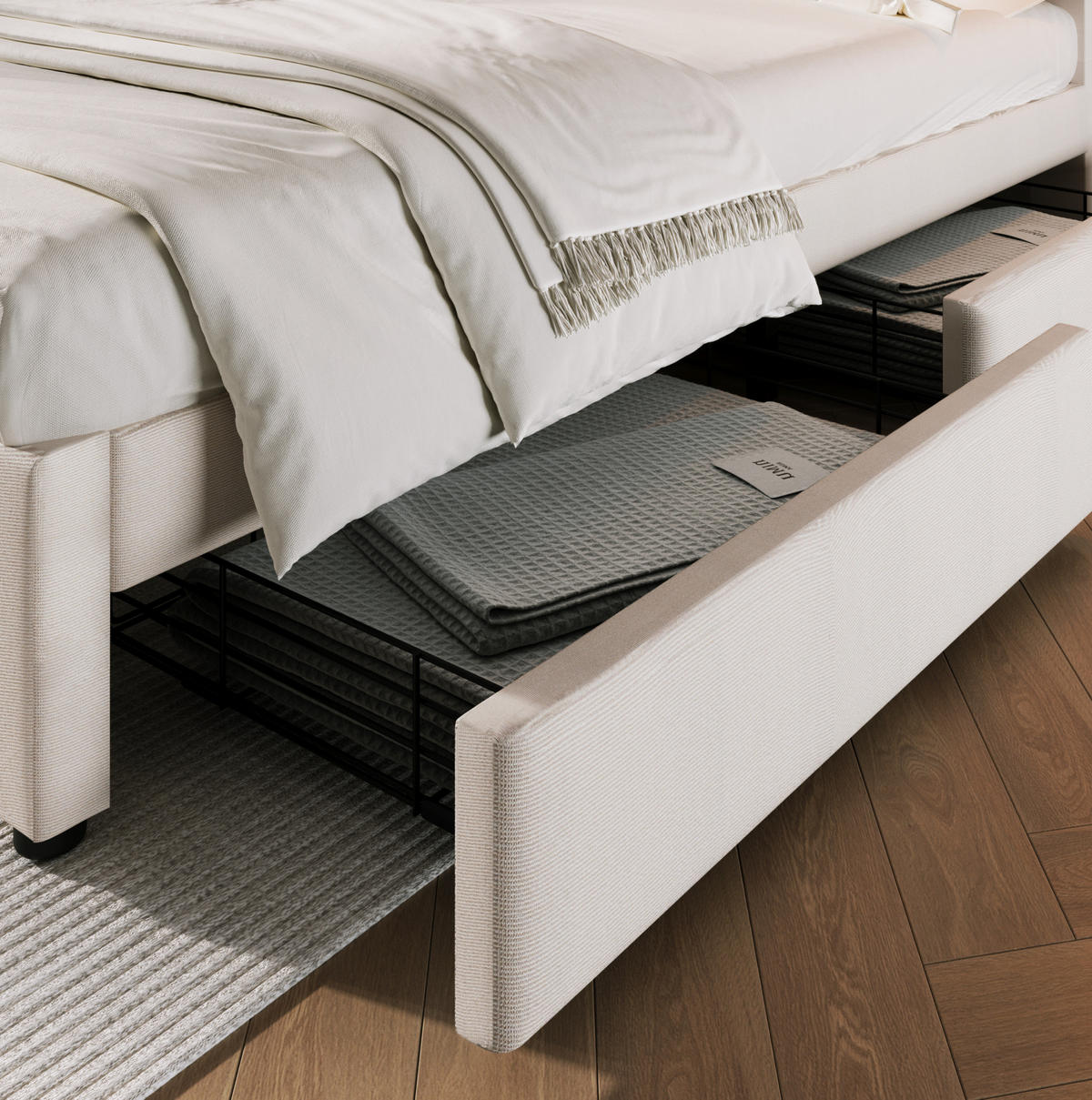 POLSTERBETT mit 4 Schubladen 160x200 cm Leinen Beige mit USB-C - Beige, Metall (160/200cm) - Meubliv