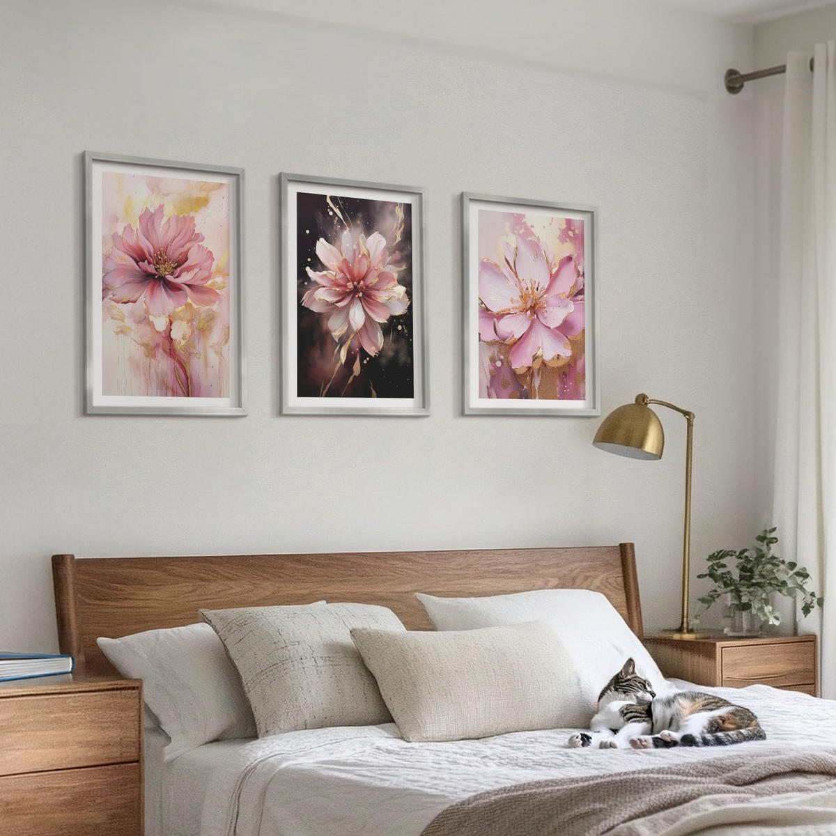 WANDBILDER 3er Set - 40x60 cm Silberner Rahmen - Blumenkompositionen aus Rosen und Weiß - Silberfarben, Kunststoff (40/60cm) - ArtPrintCave