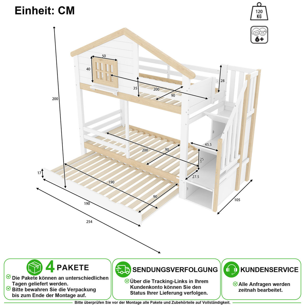 ETAGENBETT 90/200 cm & 90/190 cm in Weiß & Natur mit Ausziehbett und Stauraumleiter - Weiß/Naturfarben, Holz/Holzwerkstoff (90/200cm) - CHICFURN