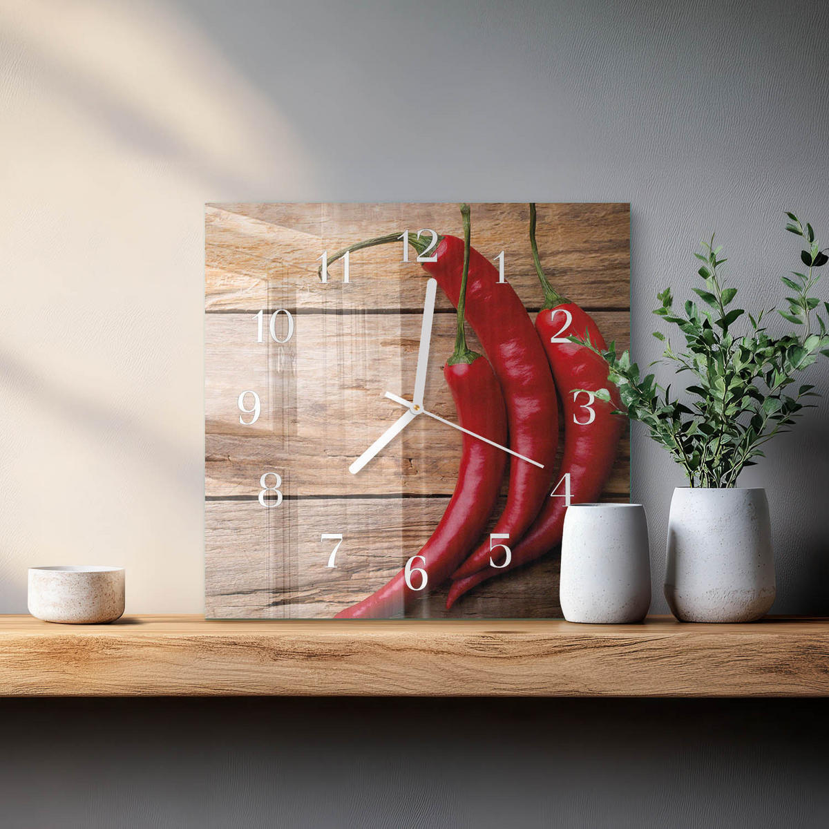 WANDUHR 30x30 cm - Chilischoten - Rot, Glas (30/30/0.4cm) - TULUP
