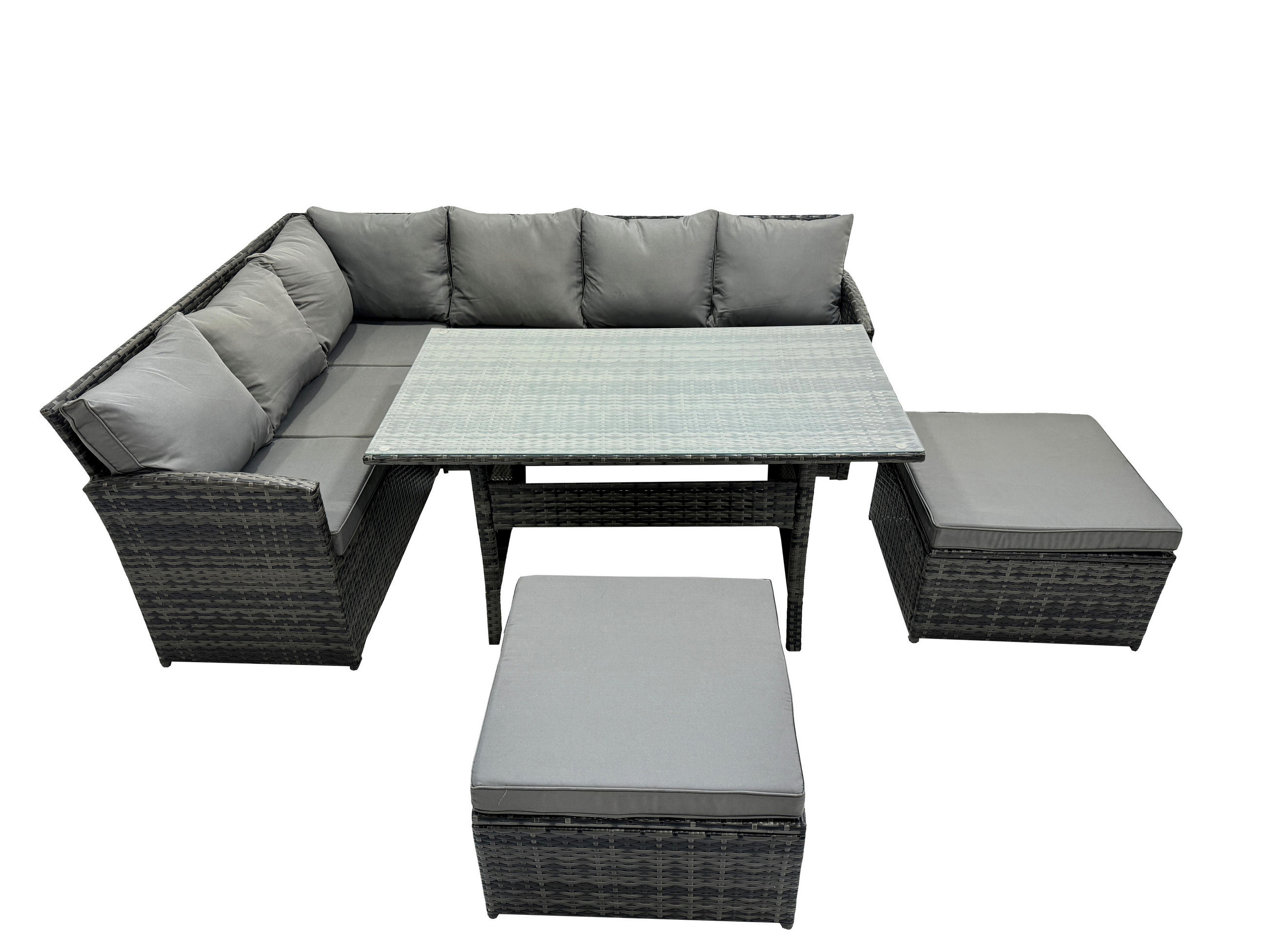 SITZGRUPPE mit Esstisch,2 Fußhocker Polyrattan Dunkelgrau 8-Sitzer - Dunkelgrau/Grau, Glas/Kunststoff - Fimous