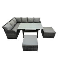 SITZGRUPPE mit Esstisch,2 Fußhocker Polyrattan Dunkelgrau 8-Sitzer - Dunkelgrau/Grau, Glas/Kunststoff - Fimous