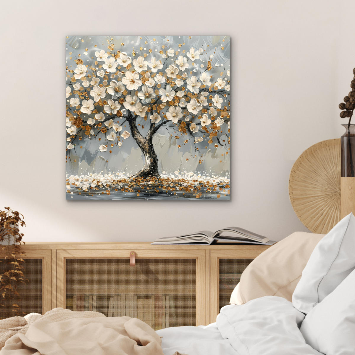 KOVOVÝ OBRAZ Strom - Kvety - Biela - Príroda - Umenie 50x50 cm - biela, kov (50/50cm) - MuchoWow