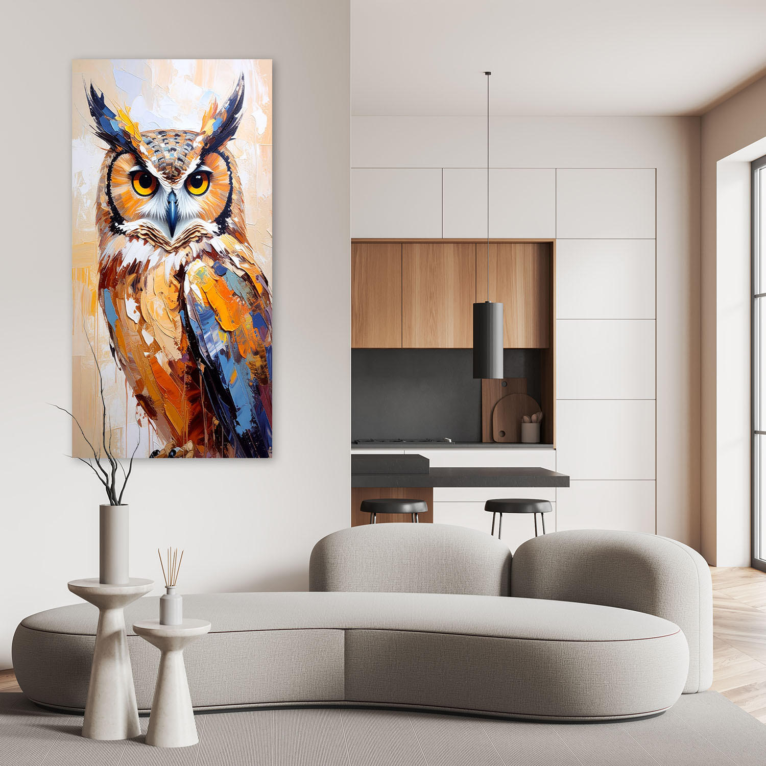 LEINWANDBILD Eule Vogel Natur Malerei Imitation 60x120cm - Beige, Textil (60/120cm) - Feeby