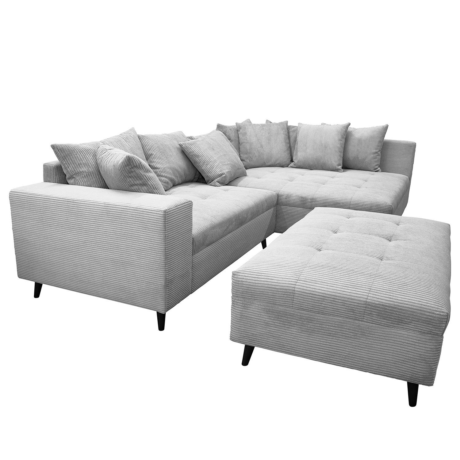 ECKSOFA mit Ottomane und Hocker - Hellgrau/Schwarz, Birkenholz/Textil (247/174cm) - home24