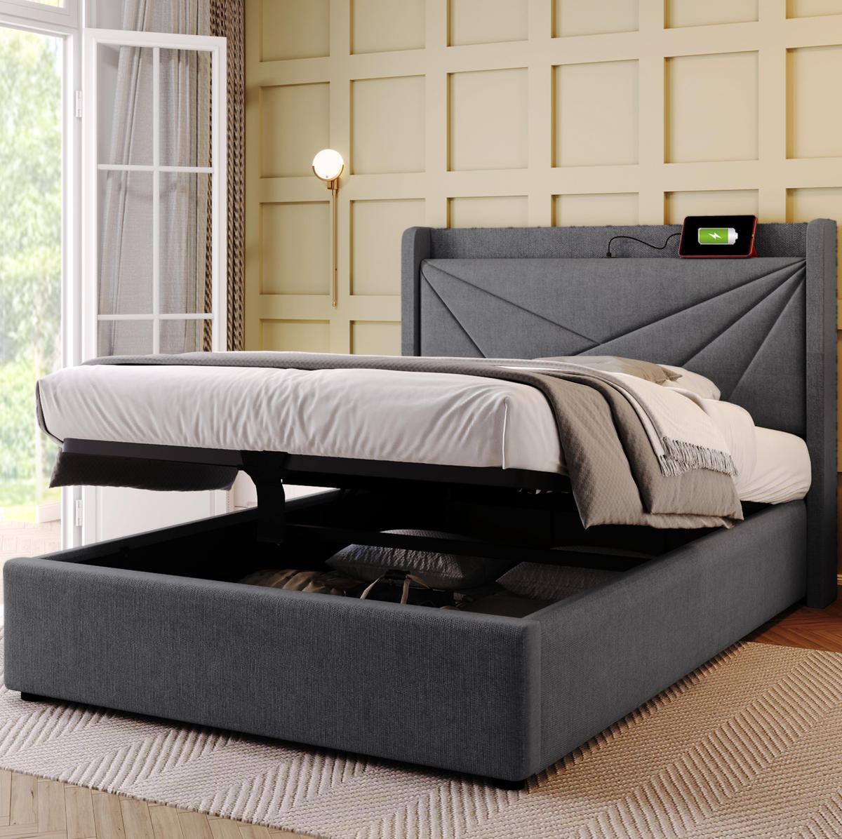 POLSTERBETT 90/200 cm Grau mit Bettkasten, Matratze und USB- und Type-C-Anschlüssen - Grau, Textil (90/200cm) - Flora Grace