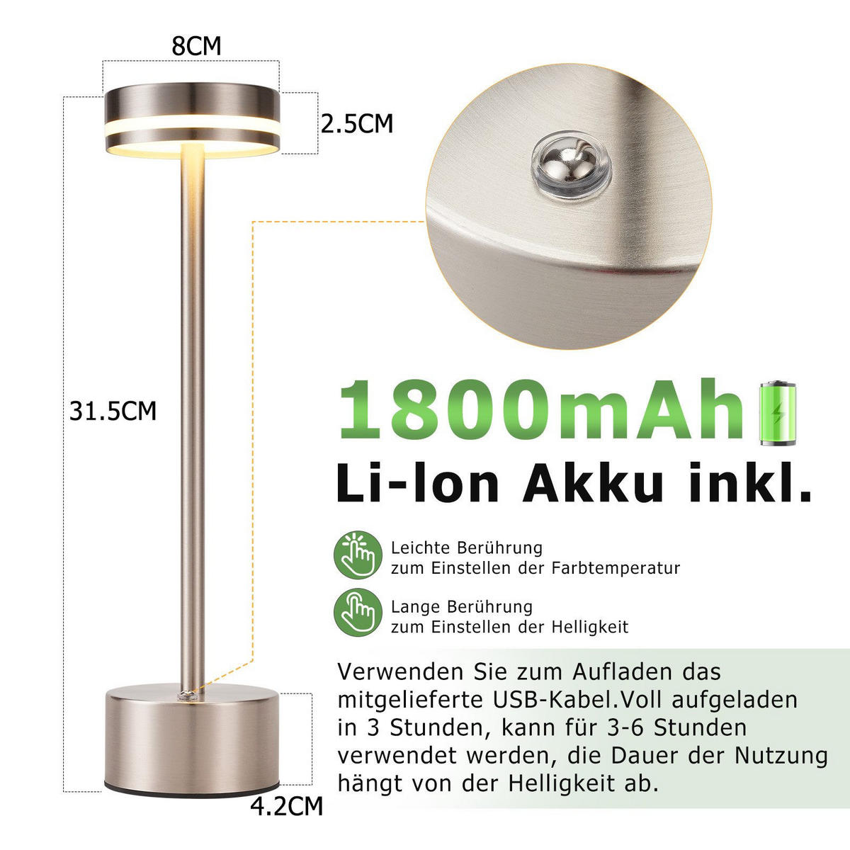 LED stolní lampa Abesser 8/8/31,5 cm (sada 2 ks) - stříbrná, kov (8/8/31.5cm) - Nettlife