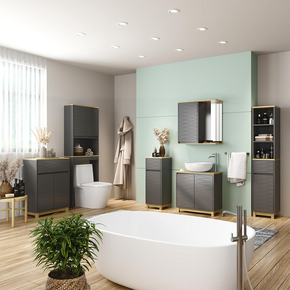 BADEZIMMERMÖBEL Livia Anthrazit 30 x 151.5 cm mit Schublade - Anthrazit/Naturfarben, Holzwerkstoff (30/151/30cm) - Vicco
