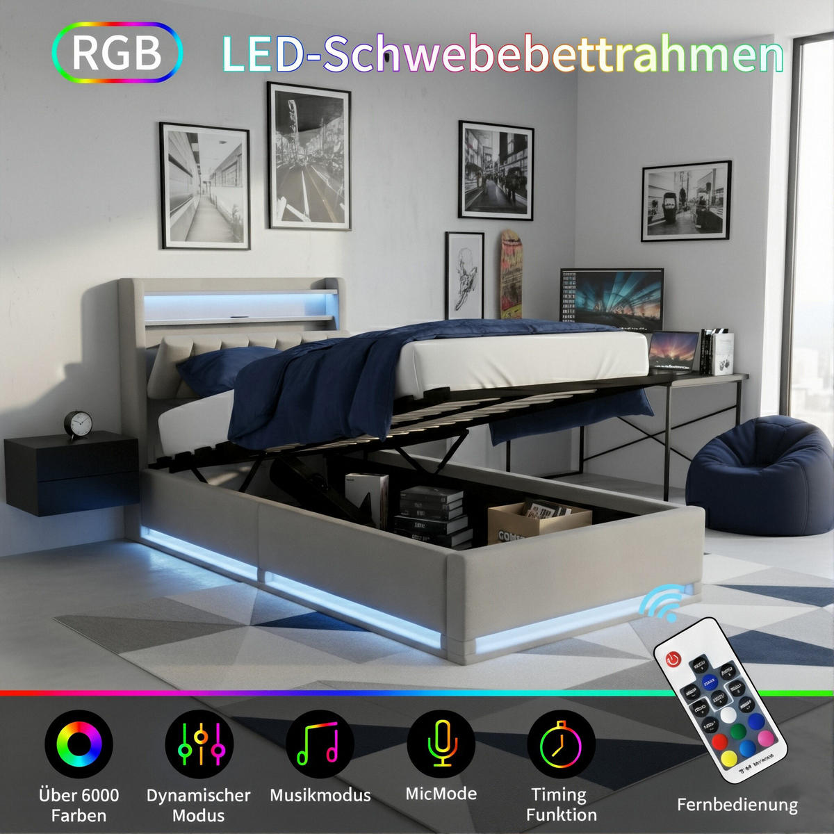 POLSTERBETT Längssteppung 90/200 cm mit Bettkasten & App-LED Samtoptik Grau - Grau, Textil (90/200cm) - Creahappy
