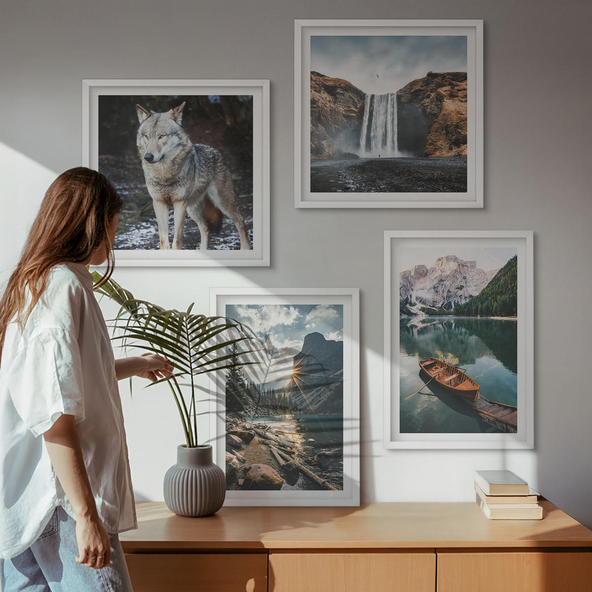 WANDBILDER 4er-Set - 50x50 cm & 40x60 cm Weißer Rahmen - Berge, Seen, Wasserfall, Wolf - Weiß, Kunststoff (50/50cm) - ArtPrintCave