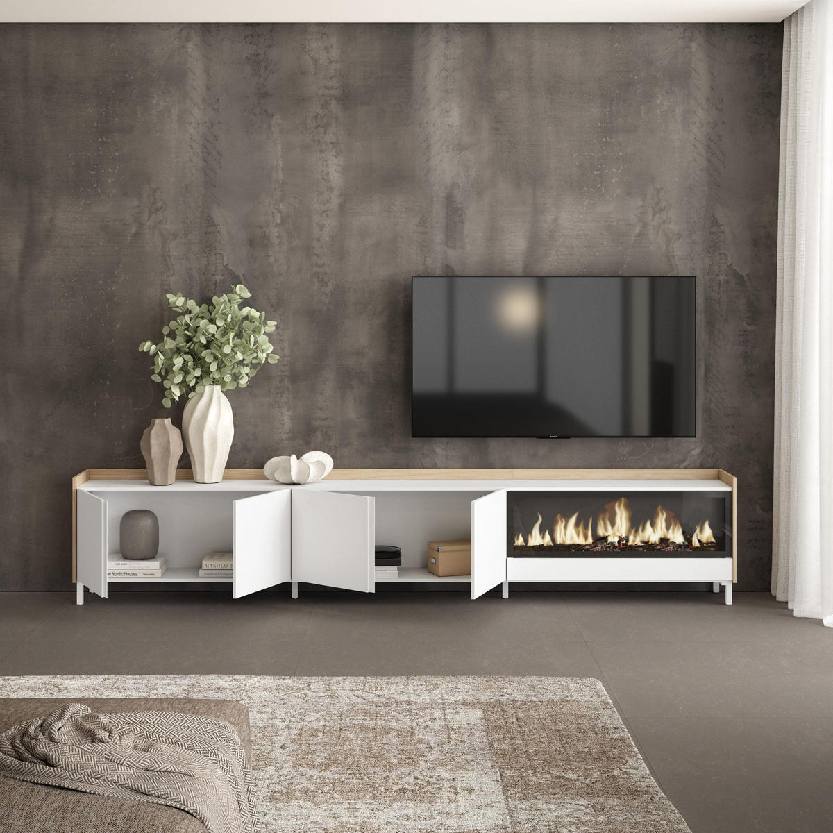 LOWBOARD, Weiß und Eiche, 315/35/61cm, Kamin mit Feuereffekt XXL - Weiß, Holzwerkstoff (315/61/35cm) - Skraut Home