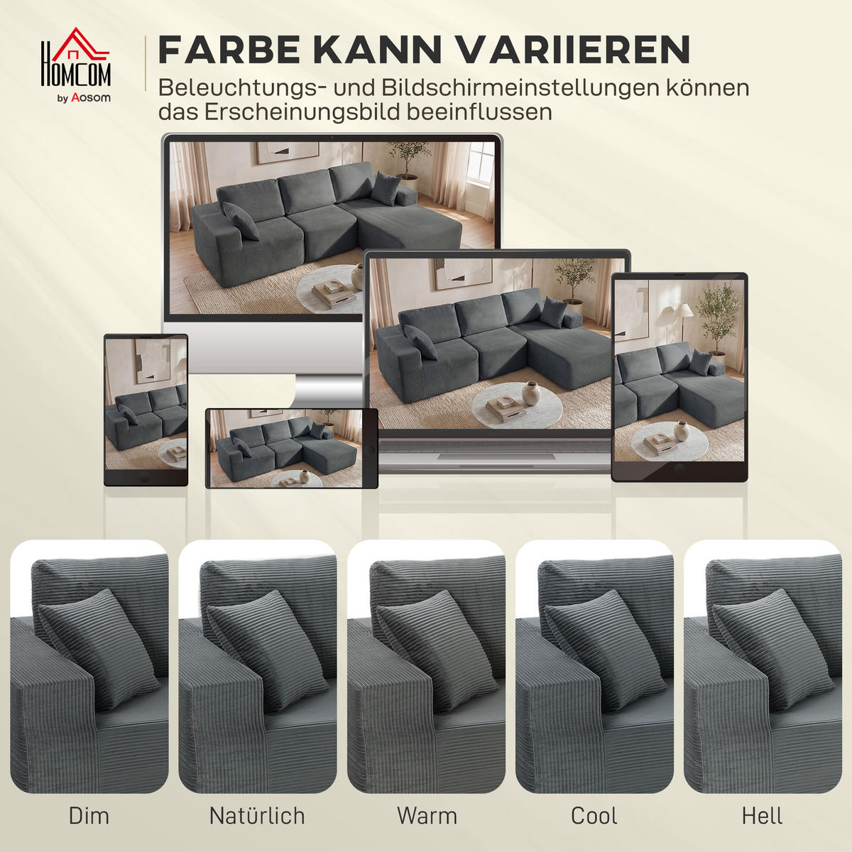 ECKSOFA 3er Set Cord Schaumstoff Dunkelgrau - Dunkelgrau, Textil (168/267cm) - HOMCOM