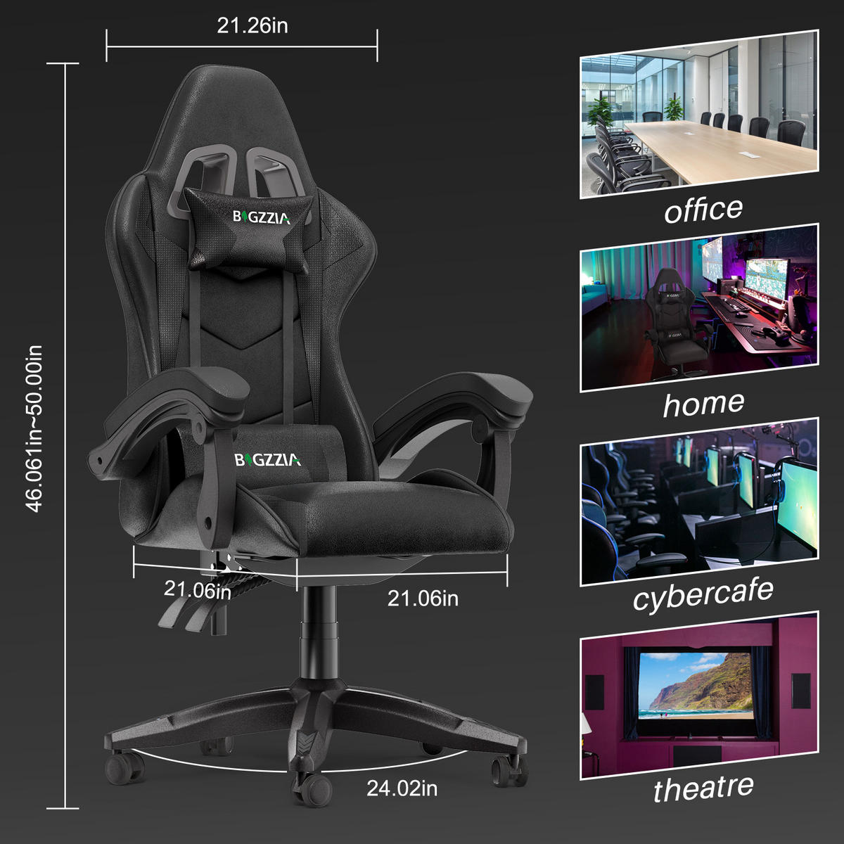 GAMING-STUHL ergonomisch, verstellbare Rückenlehne, Kissen – Schwarz - Schwarz, Leder (59/120/56cm) - Rattantree