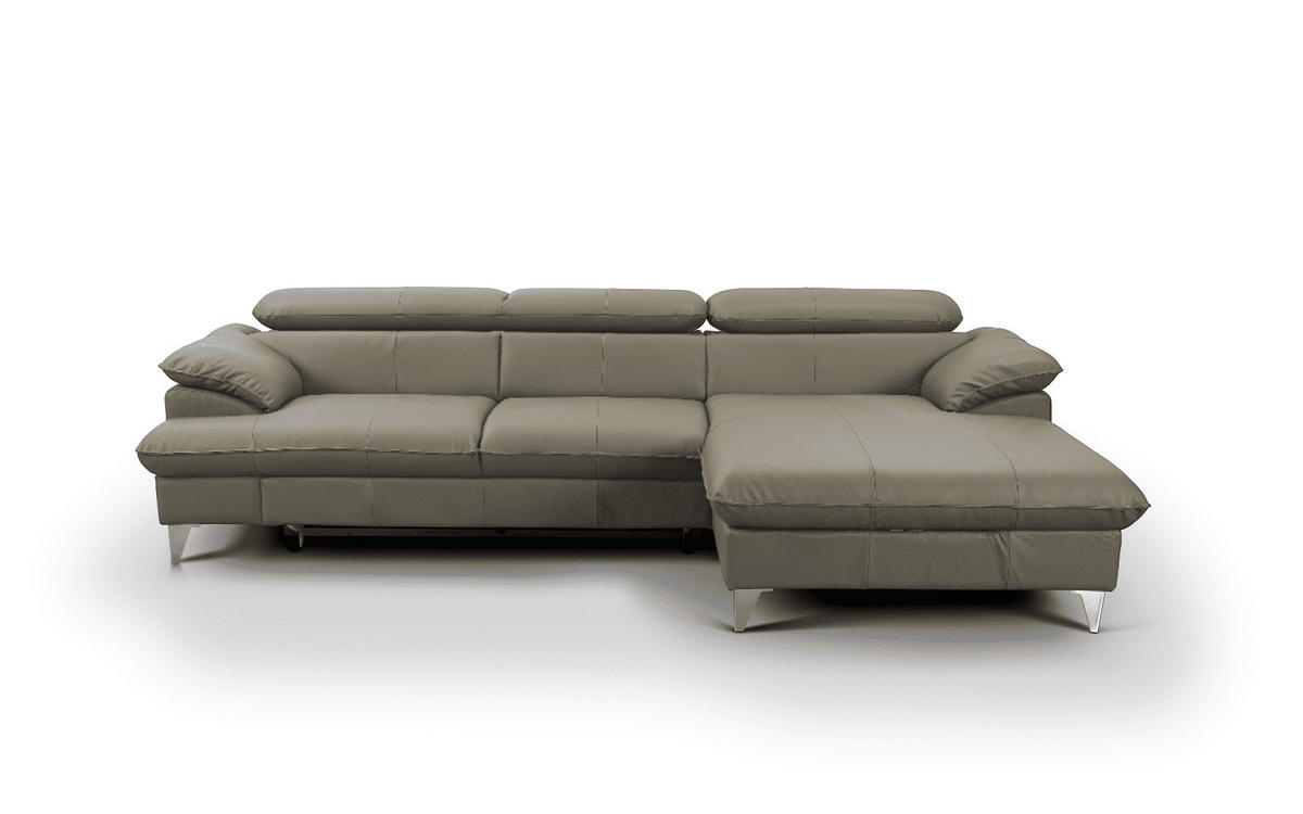 ECKSOFA mit Schlaffunktion und Bettkasten, Echtleder - Chromfarben/Hellgrau, Leder/Holz (167/254cm) - Cotta