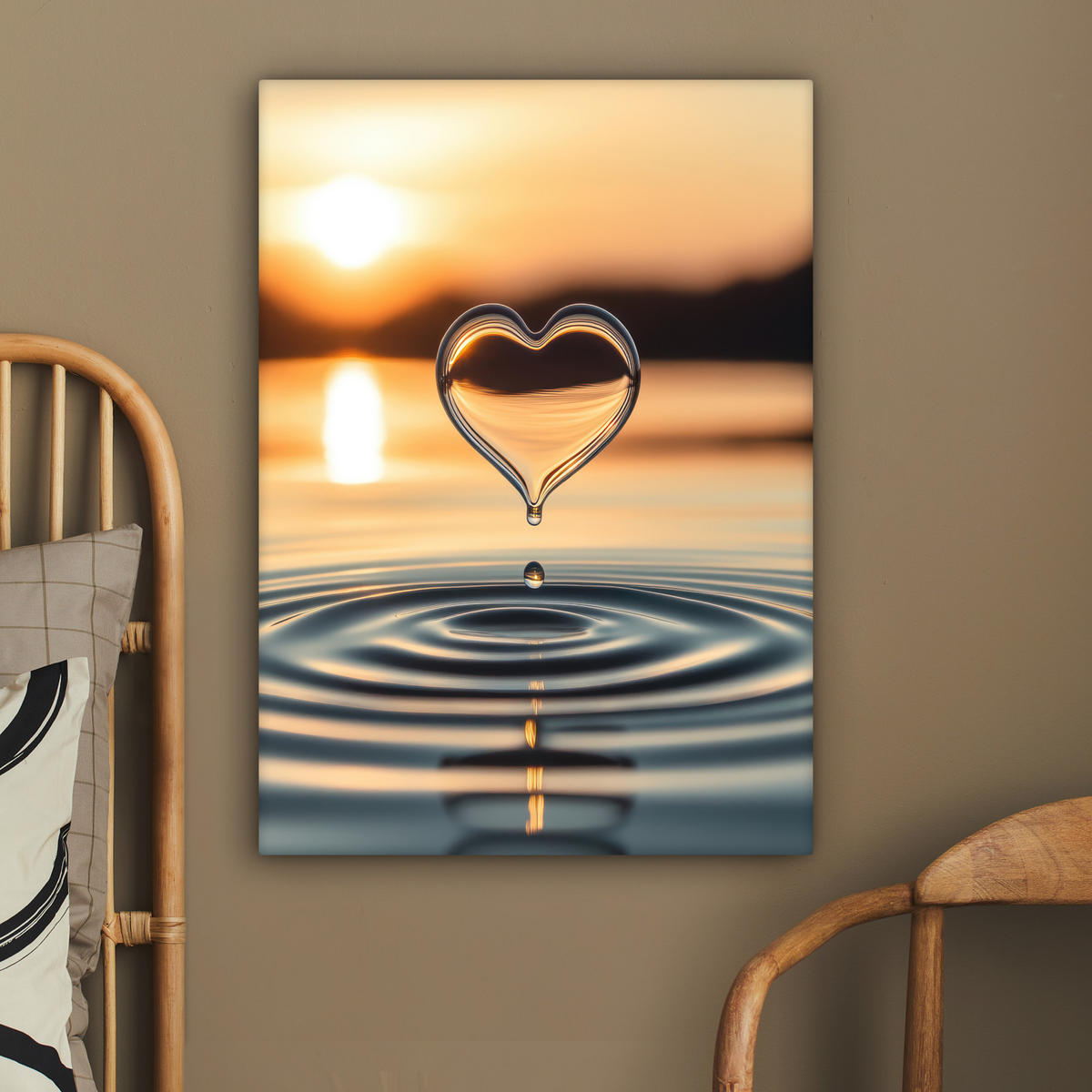 LEINWANDBILD - Herz - Wasser - Sonnenuntergang - Natur - Zen - 60x80 - Gemälde - Bernsteinfarben, Textil (60/80cm) - MuchoWow