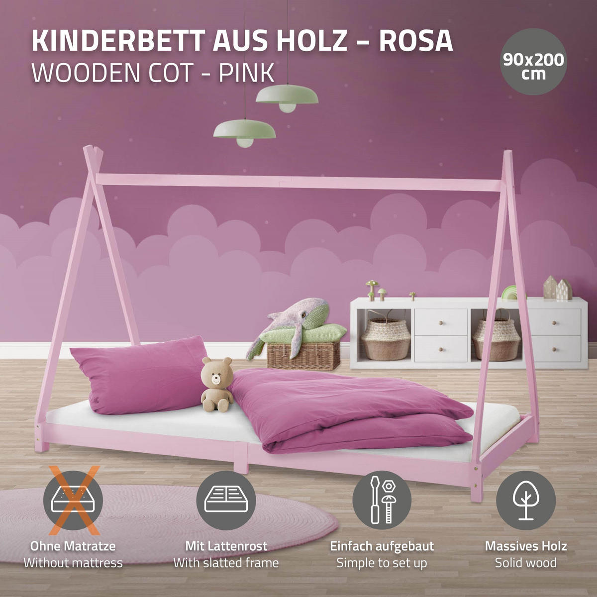 KINDERBETT Tipi 90x200 cm Rosa - Pink, Holz (90/200cm) - ML-DESIGN
