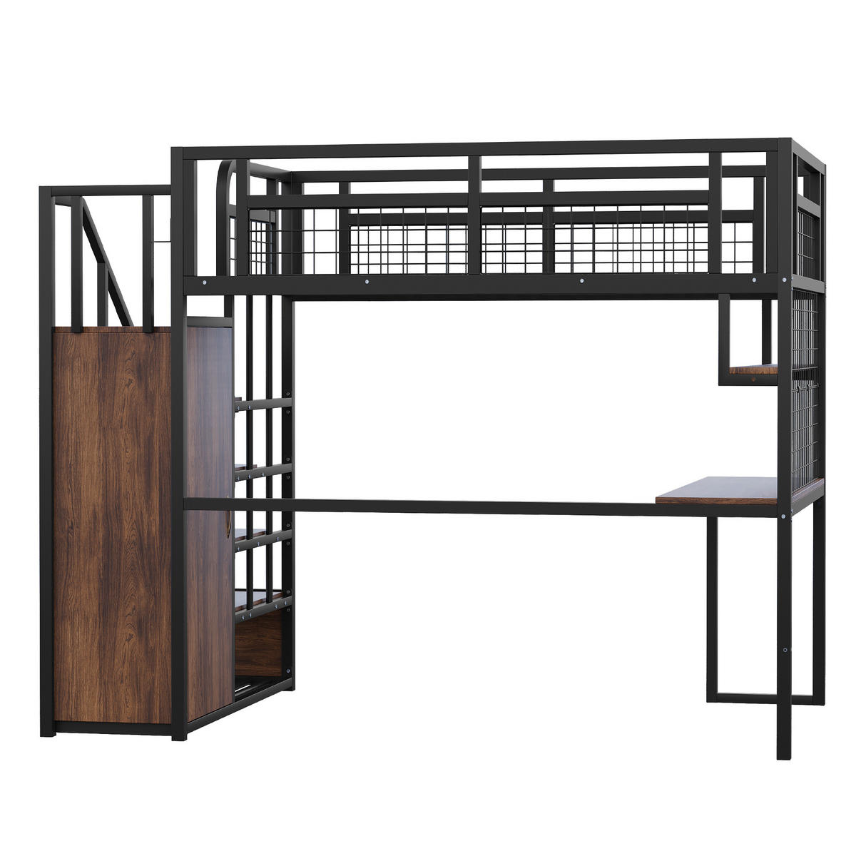 HOCHBETT 140/200 cm in Schwarz mit Stauraumtreppe, Kleiderschrank, Tisch, Regal, Lichtleiste und Steckdose - Schwarz, Holz/Metall (140/200cm) - STILVORA